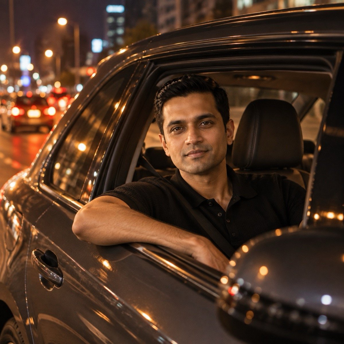 ChatGPT result for the Car window portrait at night prompt: a man in a black polo in the driver&rsquo;s seat of a parked car at night