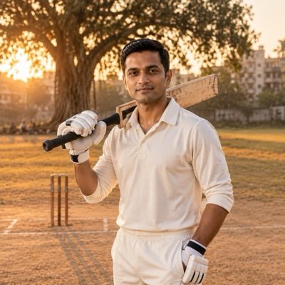 ChatGPT result: a man in cricket whites with a bat on his shoulder on a dusty ground at golden hour