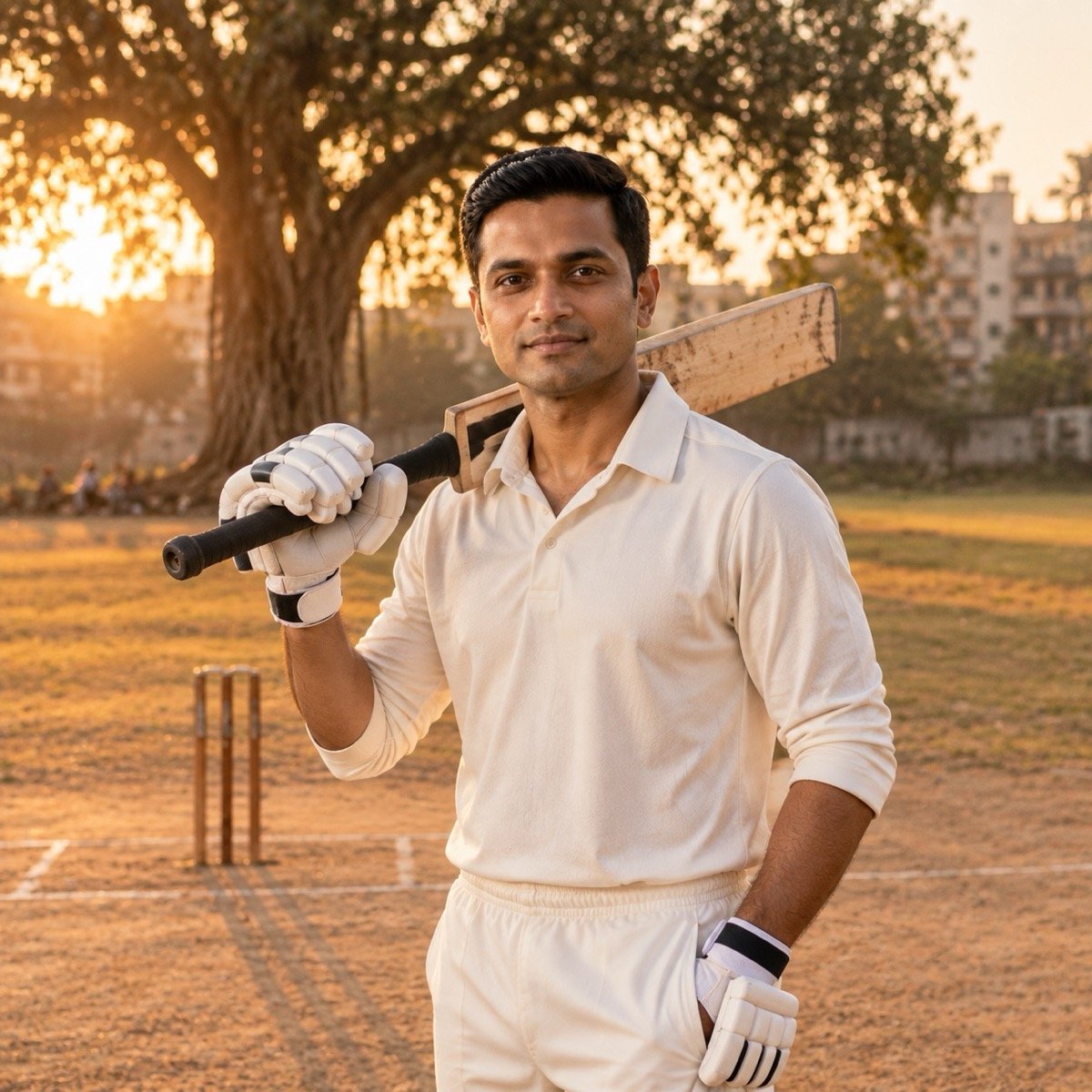 ChatGPT result for the Cricket on the local ground prompt: a man in cricket whites with a bat on his shoulder on a dusty ground at golden hour