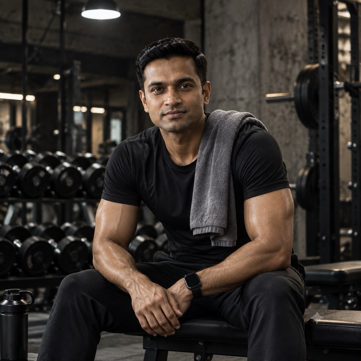ChatGPT result for the Gym portrait under hard light prompt: a muscular man resting on a gym bench with a towel over his shoulder