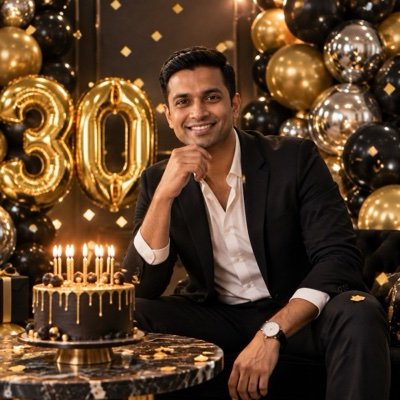 ChatGPT result: a man in a black blazer beside gold 30 balloons and a black birthday cake