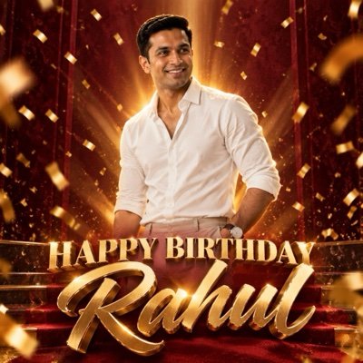 ChatGPT result: a birthday poster of a man in a white shirt with gold letters reading HAPPY BIRTHDAY Rahul