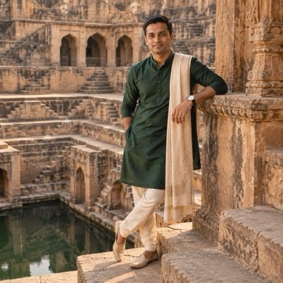ChatGPT result: a man in a bottle-green kurta and cream stole on the steps of an old stepwell