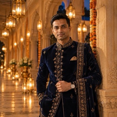 ChatGPT result: a man in a midnight-blue velvet sherwani in a lantern-lit palace corridor