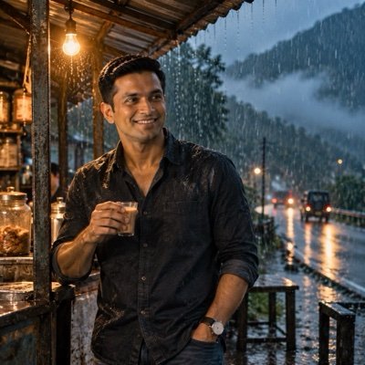 ChatGPT result: a man holding a glass of chai under a tea-stall awning in heavy monsoon rain