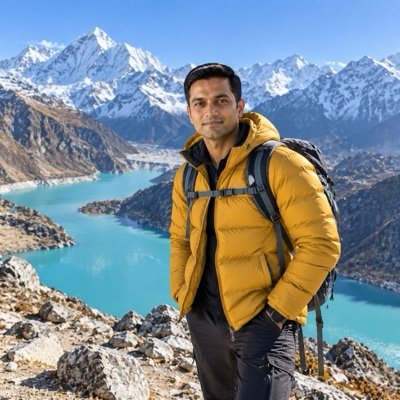 ChatGPT result: a man in a mustard puffer jacket above a turquoise glacial lake with snow peaks
