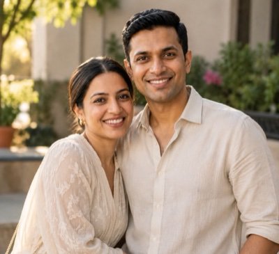 ChatGPT result: a smiling couple in coordinated cream outfits in a softly blurred garden