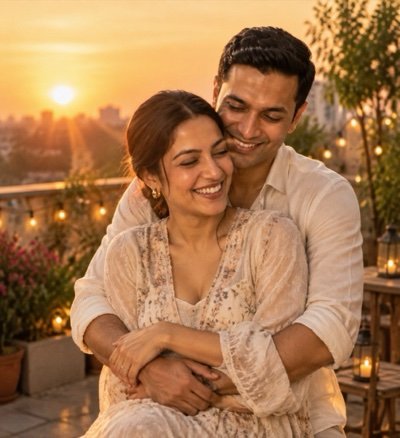 ChatGPT result: a man hugging a woman from behind on a rooftop terrace at golden hour