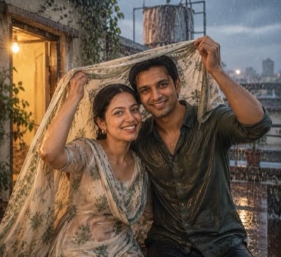 ChatGPT result: a soaked couple sharing one dupatta over their heads in monsoon rain on a terrace