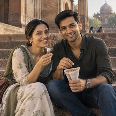 ChatGPT result: a couple on the sandstone steps of a monument sharing a paper cone of peanuts