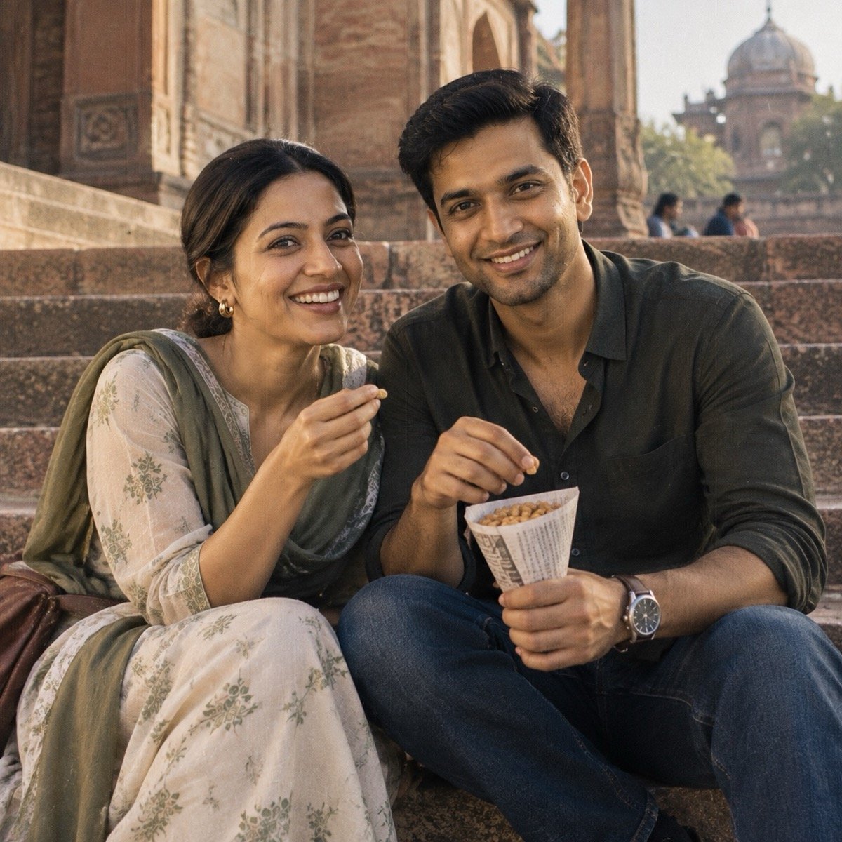 ChatGPT result for the Realistic candid couple photo prompt: a couple on the sandstone steps of a monument sharing a paper cone of peanuts