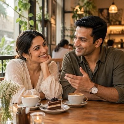 ChatGPT result: a couple on a cafe date at a window table with two coffees and a slice of cake