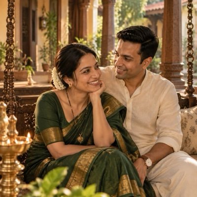 ChatGPT result: a married couple on a carved wooden swing, the woman in a green saree