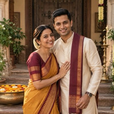 ChatGPT result: a couple in a mustard saree and cream kurta in front of carved wooden doors