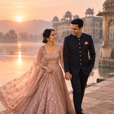 ChatGPT result: a pre-wedding couple walking hand in hand by a lake with a palace behind them at sunrise