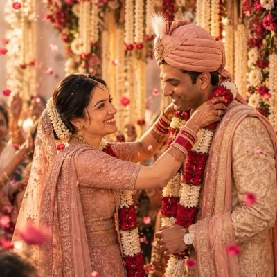 ChatGPT result: a bride placing a rose and tuberose garland around the groom on a flower-decked stage