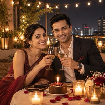 ChatGPT result: a couple toasting at a candlelit rooftop anniversary dinner