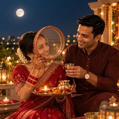 ChatGPT result: a woman holding a Karwa Chauth sieve and thali as her husband offers a glass of water under a full moon
