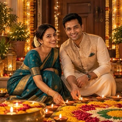 ChatGPT result: a couple lighting diyas beside a marigold rangoli at their doorstep on Diwali