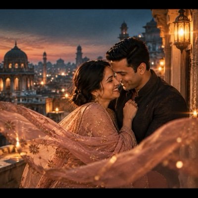 ChatGPT result: a couple forehead to forehead on an old-city rooftop at blue hour, in widescreen