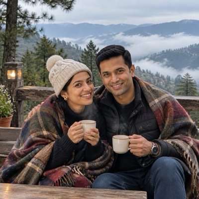 ChatGPT result: a couple wrapped in a woollen shawl with cups of tea at a misty hill-station viewpoint