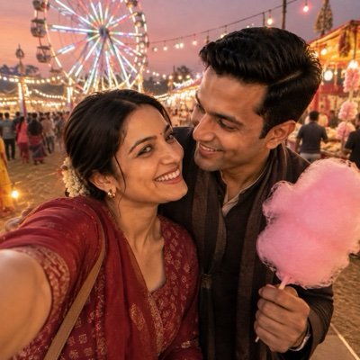ChatGPT result: a couple taking a selfie at a village fair with a giant wheel and candy floss