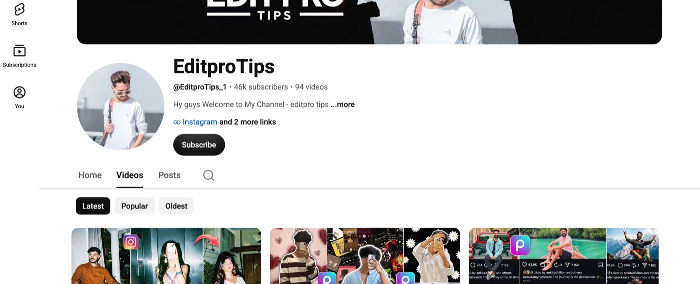 The EditPro Tips YouTube channel page on October 7, 2026: EditproTips, @EditproTips_1, 46k subscribers, 94 videos, with Instagram and two more links