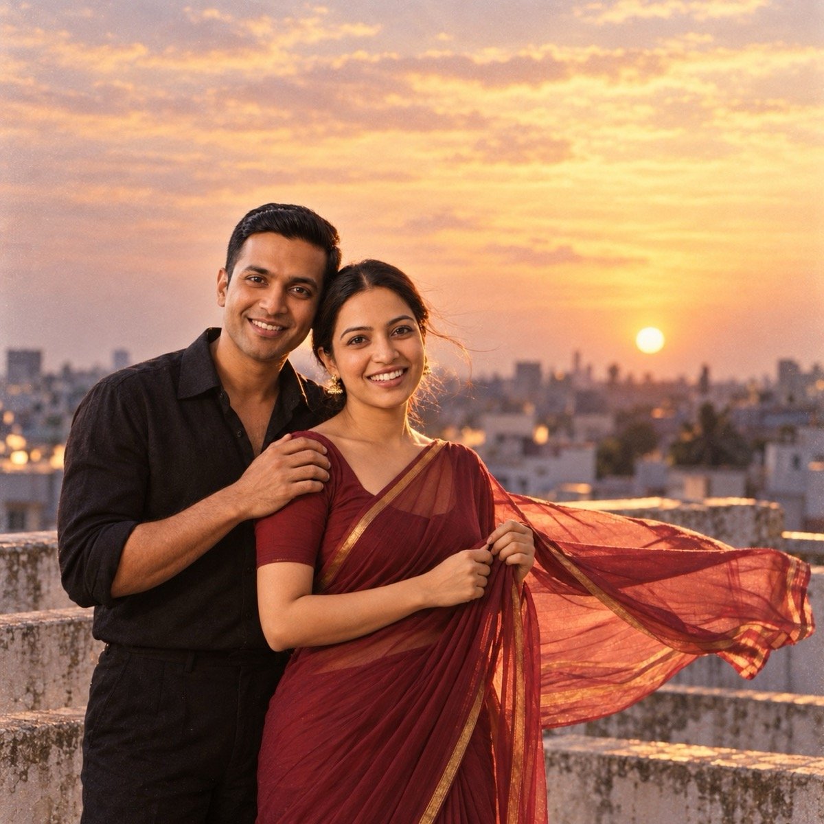 ChatGPT result for prompt 1: a couple in a maroon chiffon saree and a black shirt in a grainy warm 1990s film still on a terrace at dusk