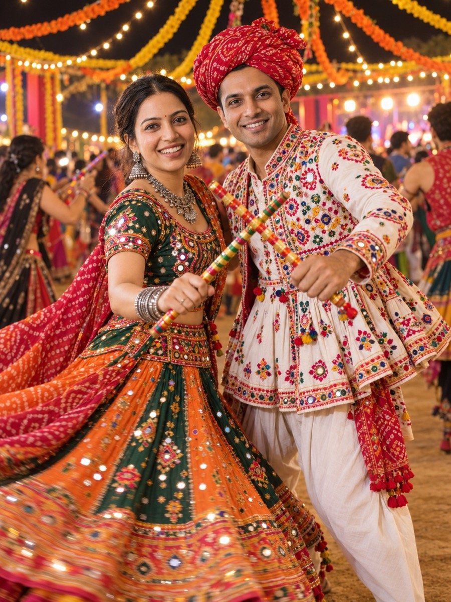ChatGPT result for prompt 2: a couple mid-dance with dandiya sticks at a Navratri garba night under marigolds and fairy lights