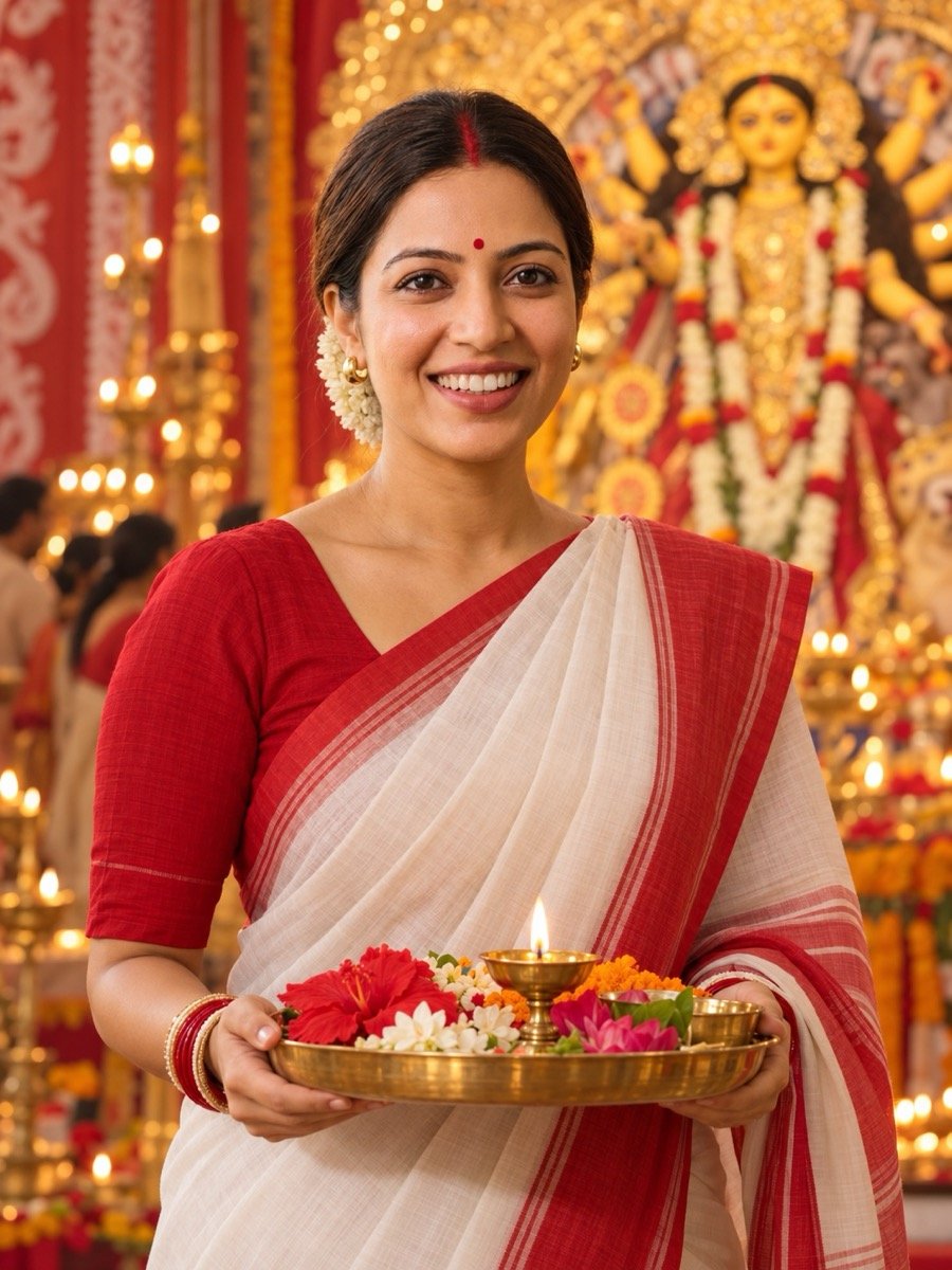 ChatGPT result for prompt 3: a woman in a white saree with a red border holding a plate of flowers inside a lit Durga Puja pandal