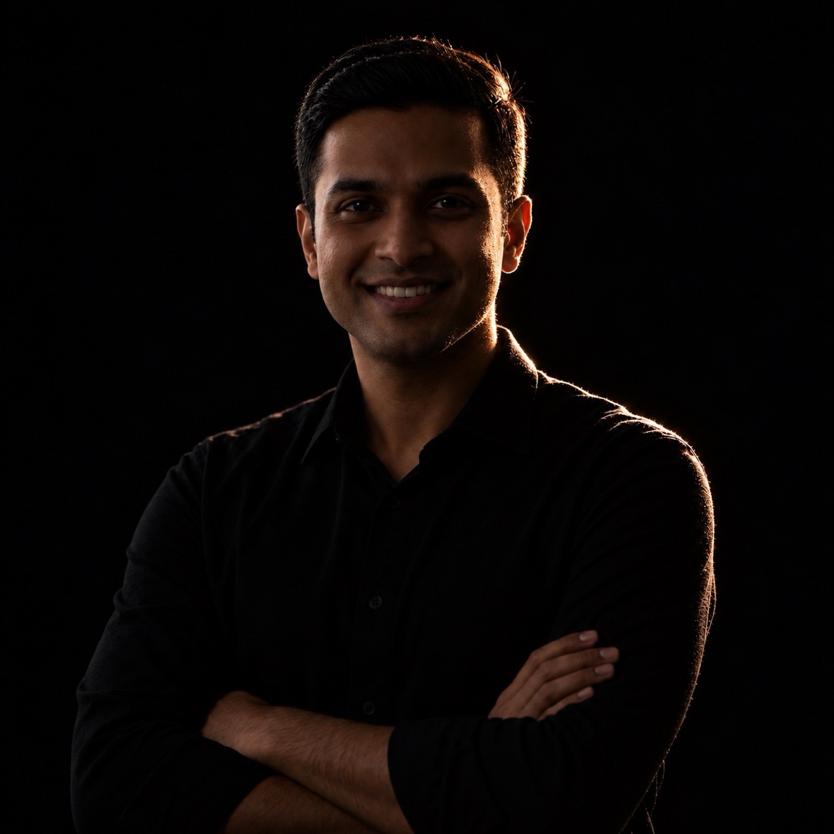 ChatGPT result for prompt 4: a man in a black shirt against a black background lit by a single rim light in a moody studio portrait