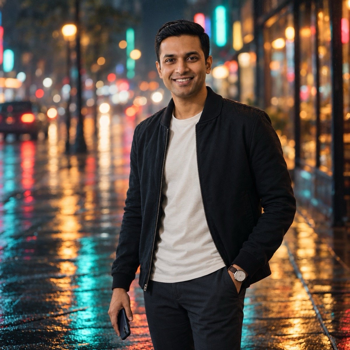 ChatGPT result for prompt 5: a man in a dark jacket on a rainy city street at night with a teal-green cinematic colour grade