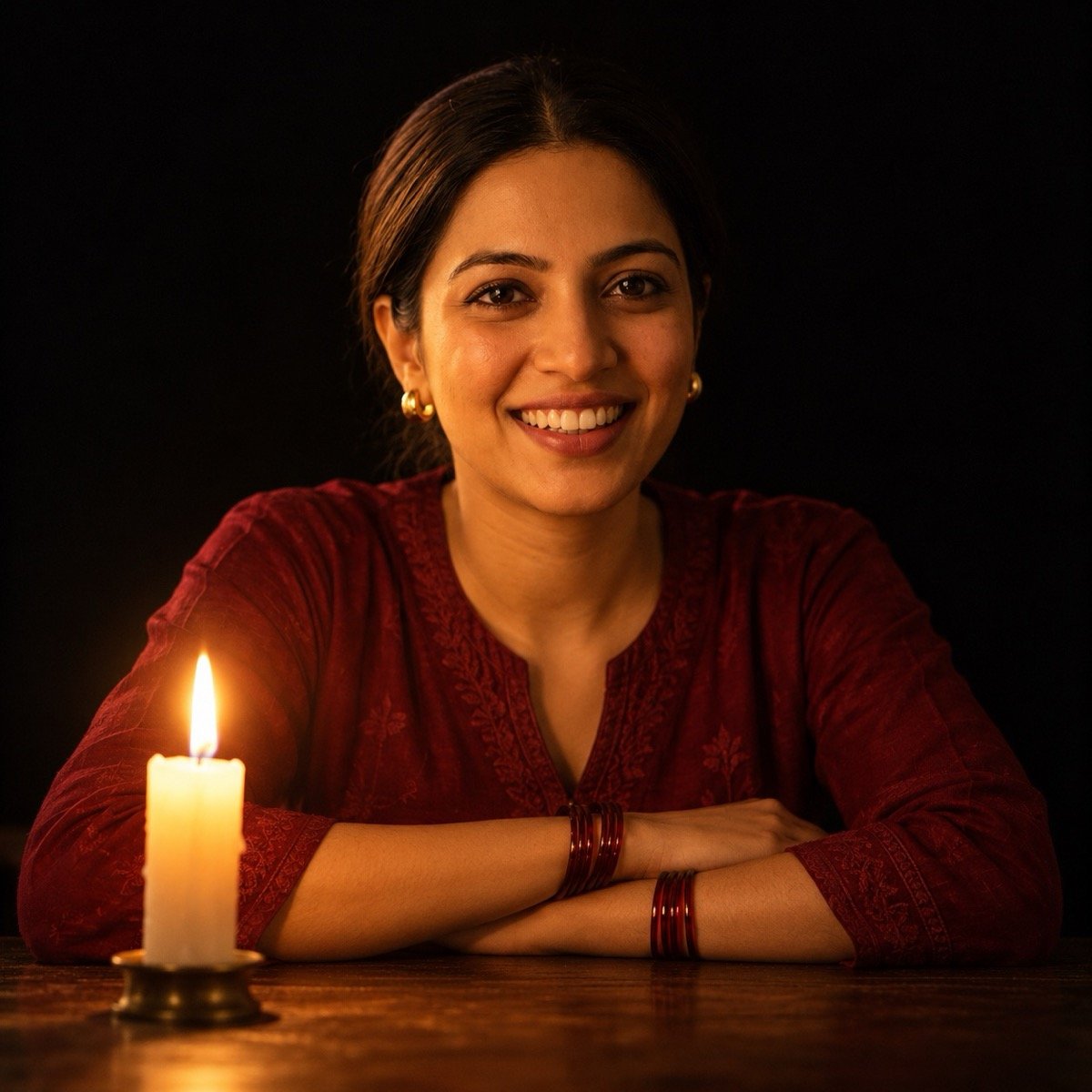 ChatGPT result for prompt 6: a woman resting her chin on her folded arms beside a single lit candle in a dark room, bangles on her wrists