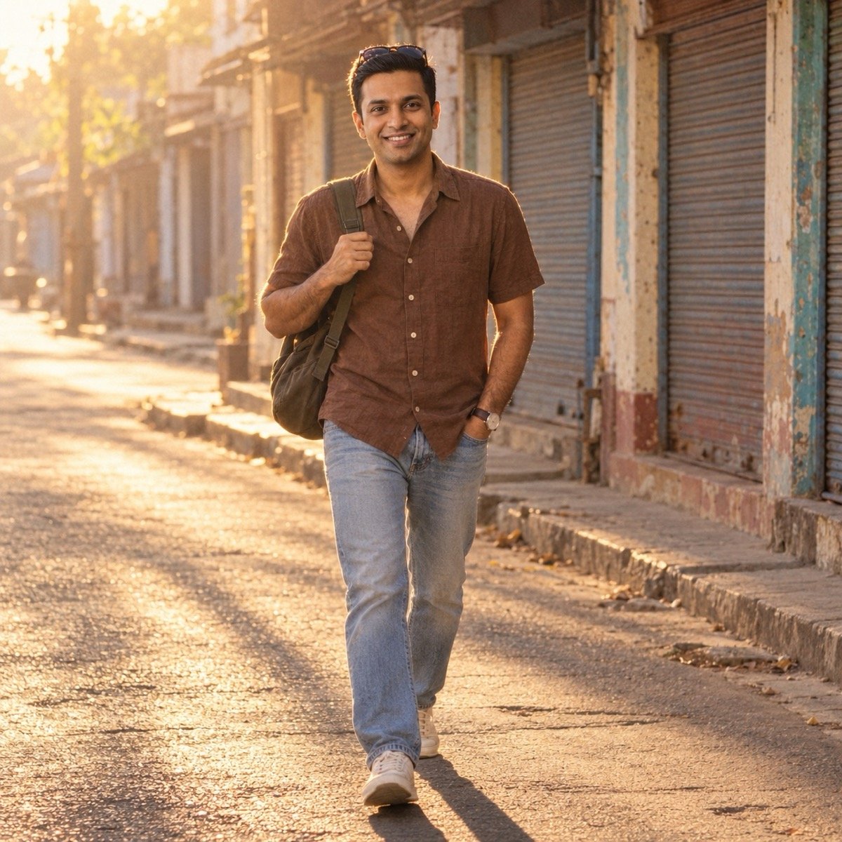 ChatGPT result for prompt 7: a man in a brown half-sleeve shirt and dark sunglasses on a sunlit street at golden hour, retro style
