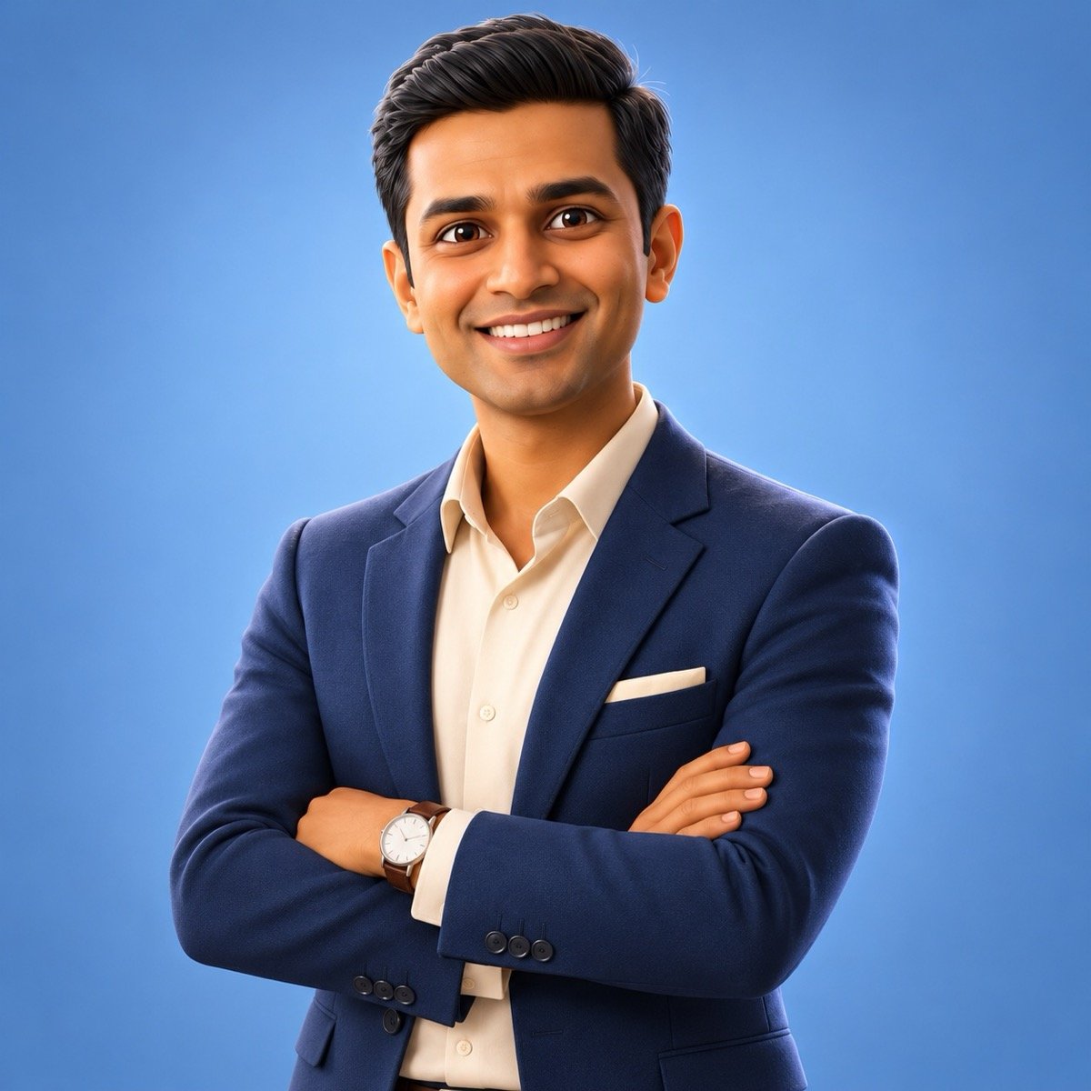 ChatGPT result for prompt 8: a stylised 3D cartoon character version of a man in a navy blazer, big eyes and smooth render, on a soft blue backdrop