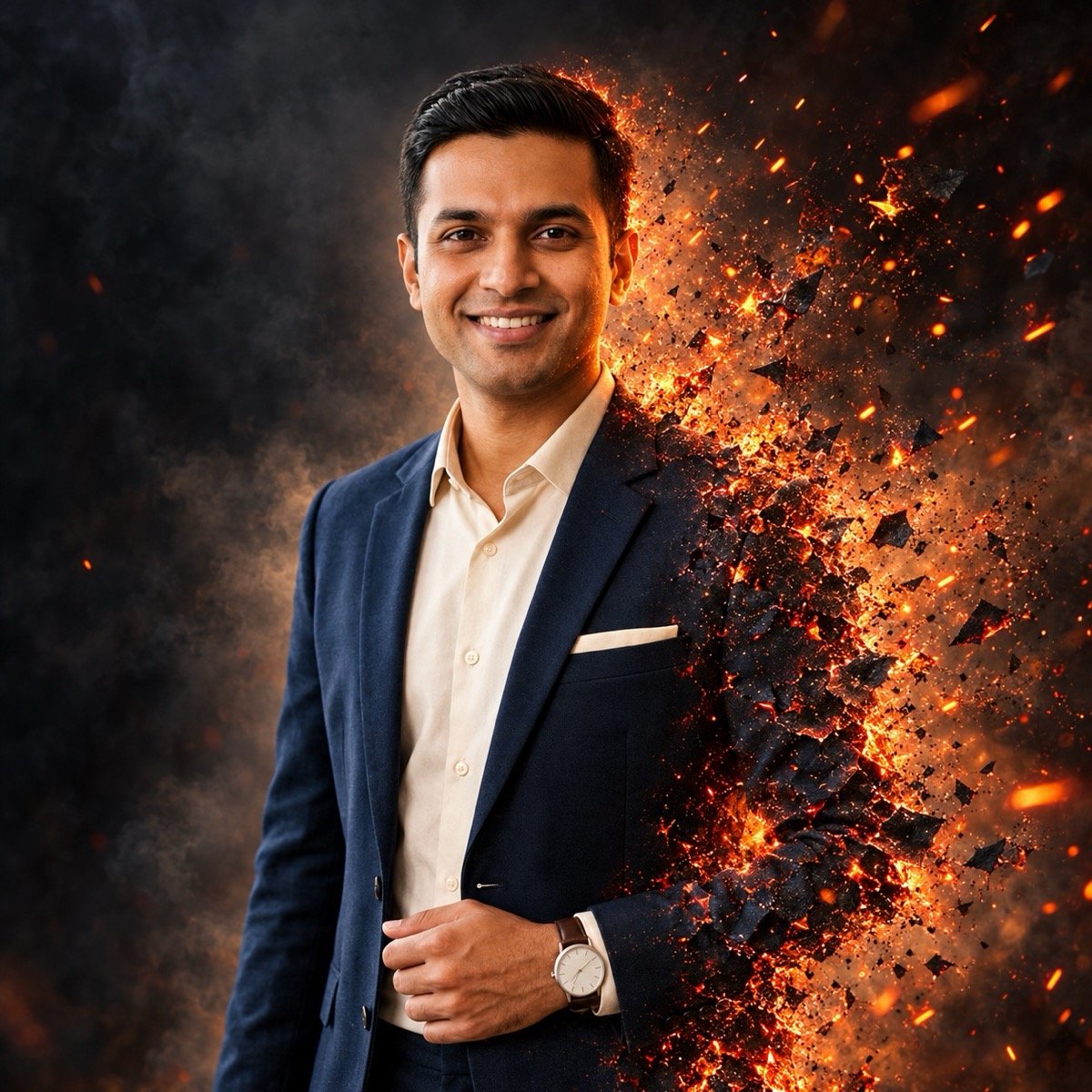 ChatGPT result for prompt 9: a man in a white shirt on a dark background with one side of his body dissolving into glowing orange embers