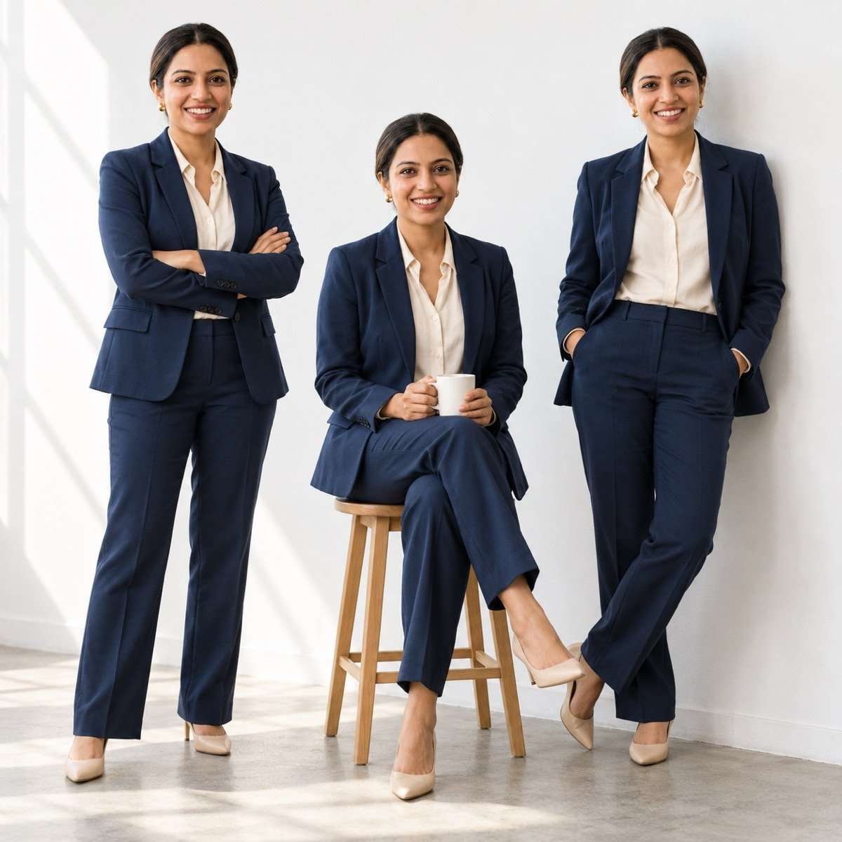 ChatGPT result for prompt 10: three versions of the same woman in one frame, standing, sitting and leaning, in a sunlit studio