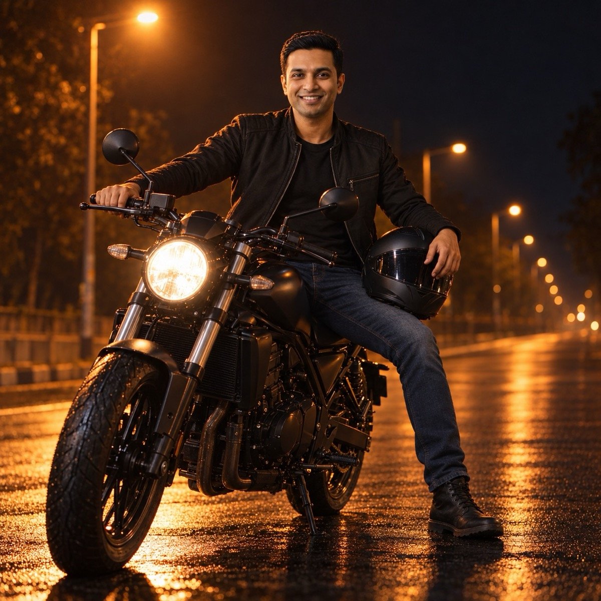 ChatGPT result for prompt 11: a man sitting on a parked motorcycle at night under orange sodium street lights, helmet in one hand