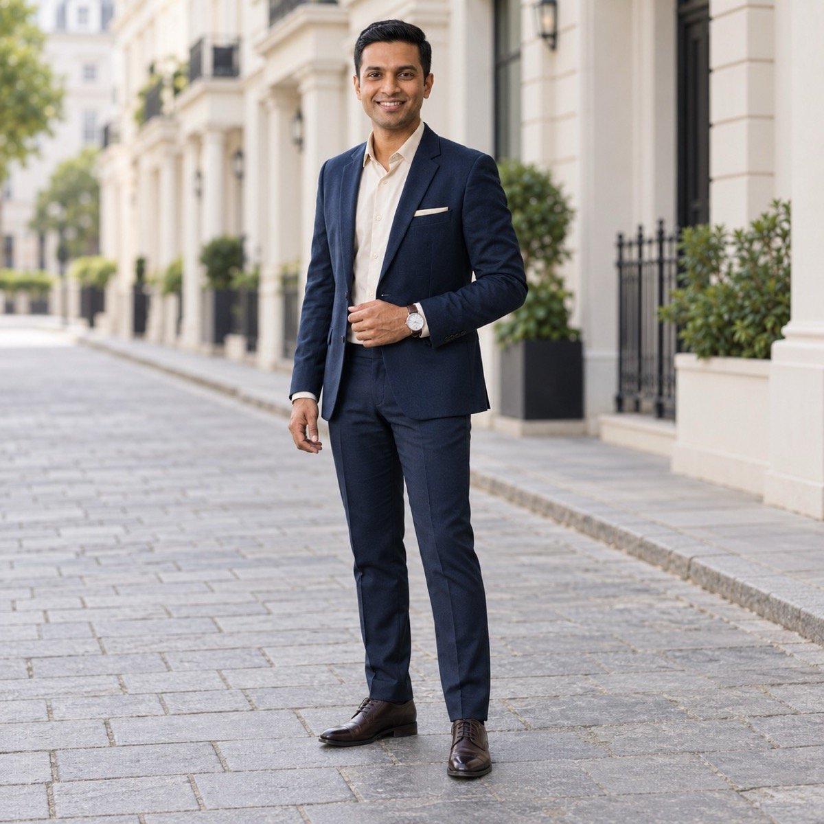 ChatGPT result for prompt 12: a full-length fashion-shoot photo of a man in his own clothes on a clean street with polished light