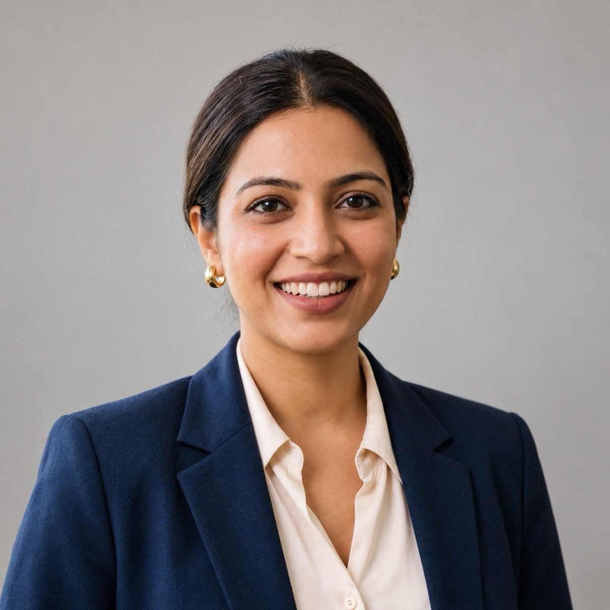 ChatGPT result for prompt 13: a square close-up profile photo of a woman against a plain warm-grey background, centred and evenly lit