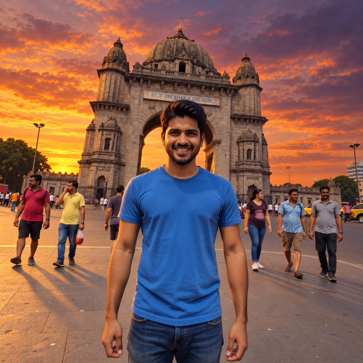 ChatGPT result for prompt 14: a man in a blue T-shirt in front of a stone gateway monument under a dramatic orange and purple sunset sky