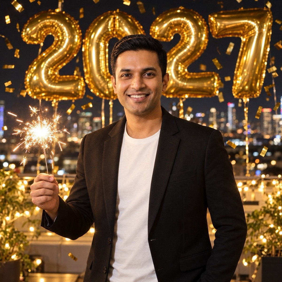 ChatGPT result for prompt 16: a man in a black blazer holding a sparkler at midnight with gold 2027 balloons and confetti behind him