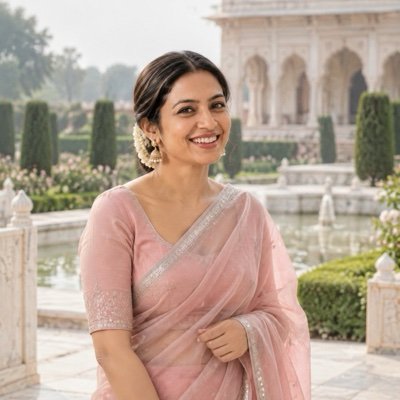 ChatGPT result: a woman in a blush-pink organza saree in a Mughal garden with a fountain