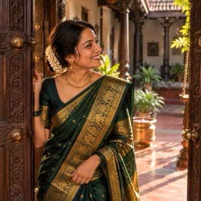 ChatGPT result: a woman in a bottle-green Kanjeevaram saree leaning out of a carved teak doorway