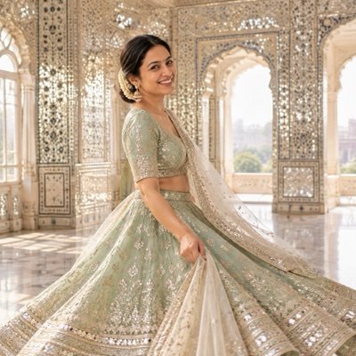 ChatGPT result: a woman mid-twirl in a mint lehenga in a mirror-work palace hall