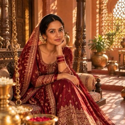 ChatGPT result: a woman in a maroon silk anarkali with a dupatta over her head on a courtyard swing