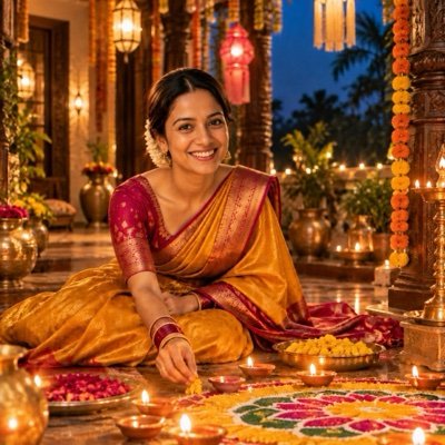 ChatGPT result: a woman in a mustard silk saree beside a rangoli lit by diyas on Diwali evening