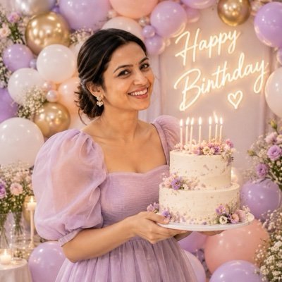 ChatGPT result: a woman in a lilac dress holding a two-tier birthday cake in front of a balloon wall