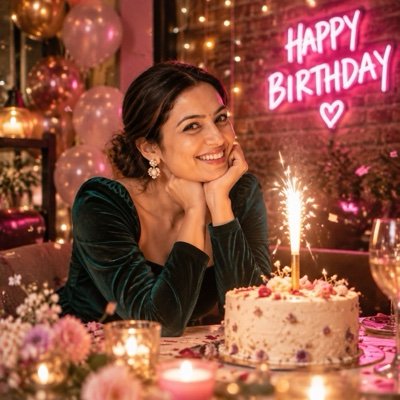 ChatGPT result: a woman in emerald velvet under a pink HAPPY BIRTHDAY neon sign with a sparkler cake