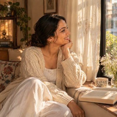 ChatGPT result: a woman in a cream cardigan on a window seat with tea and an open book